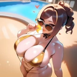 ai_generated background big_ass big_breasts big_butt bikini brown_hair chiori_(genshin_impact) day daytime dutch_angle from_above genshin_impact glasses highres hotel hourglass_figure hoyoverse looking_at_viewer orange_eyes pool poolside saiyunnart short_hair sling_bikini small_waist thick_ass thick_thighs thighs