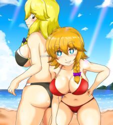 2girls artist_request beach big_ass big_breasts bikini black_bikini black_pupils blue_eyes bow bright_pupils brown_hair clenched_teeth closed_mouth cloud cookie_(touhou) hand_on_hip looking_at_another marisa_kirisame meguru_(cookie) mountain purple_bow red_bikini sand sea short_hair side_braid tagme touhou white_nails white_pupils yellow_hair yuuhi_(cookie)