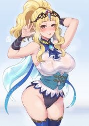 1girls :p absurdres alternate_costume armband arms_up ass black_leotard black_panties blonde_hair blue_thighhighs blush breasts brooch brown_eyes clair_(fire_emblem) clair_(resplendent)_(fire_emblem) corset covered_nipples female female_only fire_emblem fire_emblem_echoes:_shadows_of_valentia fire_emblem_heroes forehead_jewel heavy_breathing highres jewelry large_breasts leotard naughty_face nintendo official_alternate_costume panties ponytail revolverwingstudios see-through_clothes solo standing thick_thighs thighhighs thighs tongue tongue_out w wavy_hair