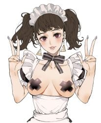 1girls alternate_version_available areola_slip areolae atlus azukiko black_pasties breasts breasts_out brown_hair double_peace_sign ear_piercing earrings female female_only fingernails hair headwear long_nails maid maid_headdress maid_outfit maid_uniform mature mature_female mature_woman medium_breasts nails neckwear pasties peace_sign persona persona_5 red_eyes ribbon sadayo_kawakami smile solo solo_female twintails upper_body x_pasties