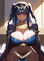 1girl ai_generated big_breasts black_hair bodysuit cape cleavage evil_smile female fire_emblem fire_emblem_awakening huge_breasts large_breasts nintendo pelvic_curtain purple_eyes smile solo sweat tharja_(fire_emblem) tiara