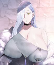 1girls bare_shoulders blue_lips breasts choker clavicle cleavage clothing covered_erect_nipples dress earrings erect_nipples_under_clothes eyeliner fate/grand_order fate_(series) female grey_dress hair_over_one_eye hoop_earrings huge_breasts jacket jewelry lips long_hair long_sleeves looking_at_viewer makeup off_shoulder omi-san_(fate) parted_lips shoujo_donburi solo sweater sweater_dress tassel white_hair white_jacket yellow_eyes