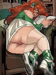 1girls anal ass ass ass_focus big_ass feet freckles ginger glasses green_eyes headphones nymphennoten painted_nails pubic_hair pussy red_hair shoes shy skirt_lift stockings