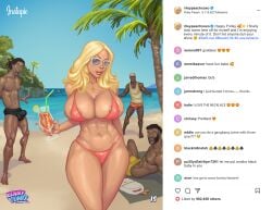 2d bikini bimbo blonde_hair busty comic dark-skinned_male dark_skin day female female_focus green_eyes hourglass_figure human human_female interracial kennycomix light-skinned_female light_skin long_hair male male/female milf outdoors png riayh riley_peach thirst_trap_(comic) wide_hips yair