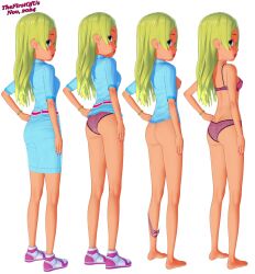 ass_facing_viewer barbie barbie_(copyright) barbie_dreamhouse_adventure barbie_roberts barefoot blonde_hair blue_eyes bottomless bottomless_female bra bra_lift bracelet breasts female highres jewelry legs long_hair looking_at_viewer mattel nipples no_panties open_mouth panties presenting thefirstofus underwear