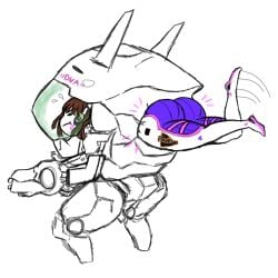 big_ass brown_hair butt butt_expansion d.va doritos fat_ass flying_sweatdrops franktonius large_ass mecha mostly_monochrome overwatch stuck too_small