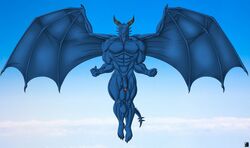 5_toes abs anthro balls big_muscles blue_body blue_dragon_(character) blue_dragon_(series) blue_wings dragon flexing flying kevindragon looking_at_viewer male male_only muscular muscular_male nude penis presenting red_eyes scalie sky smile solo spread_wings toes vein wings