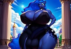 ai_generated balls_outline black_dress bulge detailed_bulge futanari huge_breasts huge_thighs large_balls large_penis penis_bulge princess_luna_(mlp) wide_hips