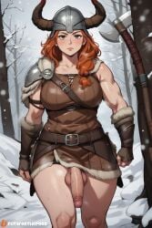 1futa ai_generated armor balls big_balls big_penis brown_eyes dickgirl flaccid futaforthepoor futanari ginger ginger_hair helmet large_penis muscular penis snow uncensored viking warrior winter