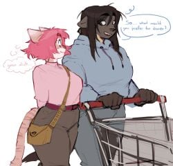 2024 anthro aroused belt charlotte_(mozes.ipg) clothing duo english_text felid hair hi_res hoodie humor mammal mozes.ipg mustelid nonbinary_(lore) otter pantherine pink_hair pouch_(clothing) sammie_(xealacanth) shopping_cart speech_bubble text thought_bubble tiger topwear