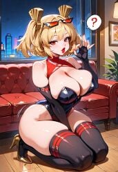 ai_generated bare_thighs blonde_hair burneri burnice_white fellatio_gesture gigantic_breasts glasses_on_head huge_breasts huge_thighs light-skinned_female light_skin massive_breasts orange_eyes solo_female squatting stockings sweat sweatdrop thick_body thick_female thick_thighs thighs twintails voluptuous voluptuous_female zenless_zone_zero