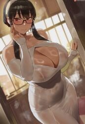 1girls ? ai_assisted ai_generated black-framed_eyewear black_hair blurry blurry_background breasts cleavage closed_mouth commentary dress female hairband highres huge_breasts indoors long_sleeves looking_at_viewer patreon_logo patreon_username red_eyes see-through_clothes see-through_dress shexyo sidelocks solo spy_x_family white_dress white_hairband yor_briar