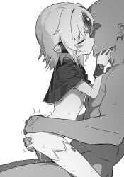 1boy capelet closed_eyes cum cum_on_body elsword eve_(elsword) female flat_chest forehead_jewel grabbing_another's_ass greyscale groping highres kissing matcha_(mattyan) mechanical_ears monochrome sex short_hair straddling straight thighhighs upright_straddle