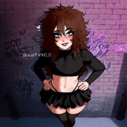 ai_generated alley androgynous black_skirt brown_hair crop_top femboy graffiti hands_on_hips hannah<3 justthink0_0 justthinkofit09 long_hair long_sleeves midriff original_character outdoors outside purple_eyeshadow red_lipstick running_mascara skirt thighhighs thong thong_panties