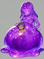 1boy1girl ai_generated blush breasts closed_eyes dark-skinned_male dark_skin nude purple_hair shy slime slime_girl smile vore vore_belly