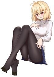 absurdres ahoge arcueid_brunestud ass black_pantyhose blonde_hair blush breasts daguaishougemola feet feet_focus female highres jewelry knees_up legs looking_at_self melty_blood necklace no_shoes panties pantyhose red_eyes short_hair simple_background sitting smile soles spread_toes sweater thighs toes toes_spread toes_visible_through_clothing tsukihime tsukihime_(remake) turtleneck turtleneck_sweater underwear white_panties