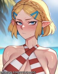 ai_generated beach bikini blonde_hair cosplay nero_claudius_(swimsuit_caster) princess_zelda ryogangg solo solo_female sweat swimsuit tears_of_the_kingdom the_legend_of_zelda zelda_(tears_of_the_kingdom)