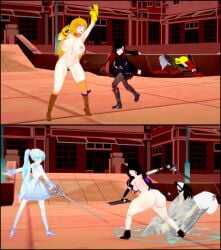 3d accident amanwithnoplan big_ass big_breasts blake_belladonna bubble_butt cat_ears ruby_rose rwby wardrobe_malfunction weiss_schnee yang_xiao_long