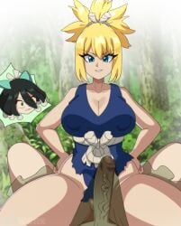 1futa 1girls alfwenx cowgirl_position dr.stone erection futa_on_female futanari kirisame_(dr.stone) kohaku_(dr.stone) light-skinned_female light-skinned_futanari penis see-through