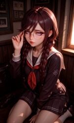 ai_generated braid chronoai danganronpa danganronpa:_trigger_happy_havoc danganronpa_2:_goodbye_despair danganronpa_v3 fukawa_touko glasses long_hair medium_breasts on_knees school_uniform schoolgirl seductive seductive_look seductive_smile skirt thick_thigh twin_braids twintails