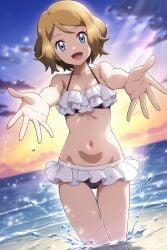 ai_generated bikini blonde_hair blue_eyes breasts brown_hair brush female female_only open_arms short_hair slim slim_waist small_breasts smiling white_bikini white_skin white_swimsuit