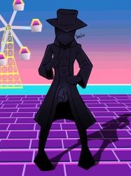 1boy 2025 5_fingers abs balls black_body blush brick_floor bright_colors cartoony cel_shading coat coat_open detailed_background exhibitionism exhibitionist eyeless eyeless_male faceless faceless_character faceless_male ferris_wheel flaccid flaccid_penis glans gradient_background gray_man hat horizon humanoid itamigao long_coat lsd_dream_emulator male_only navel open_clothes opening_jacket outdoors pecs penis pinup self_upload shadow shy signature sky solo solo_focus solo_male standing the_gray_man toony vein veiny_penis