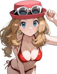 1girls aged_up ai_generated bikini blonde_hair blue_eyes brown_hair brush female female_only leaning_forward long_hair medium_breasts pink_hat pokemon pokemon_xy red_bikini red_swimsuit serena_(pokemon) simple_background smiling solo sunglasses_on_head swimsuit white_skin