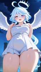 3girls ai_assisted ai_generated angel angel_halo angel_wings angelical bare_legs barefoot breasts female furina_(genshin_impact) genshin_impact halo hoyoverse lay-oreo looking_at_viewer looking_down mihoyo pleasure_face raiden_shogun seductive seductive_look solo solo_female standing tagme thick_thighs thighs white_dress