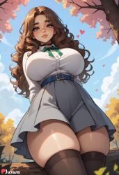 ai_generated arms_behind_back belt black_thighhighs blue_sky blush breasts breasts brown_eyes brown_hair cherry_blossoms choker cloud collared_shirt cute day female freckles from_below grey_skirt heart high-waist_skirt huge_ass huge_breasts juswa large_ass large_breasts long_hair long_sleeves looking_at_viewer outdoors parted_lips pleated_skirt school_uniform shirt shirt_tucked_in skindentation skirt sky smile solo thicc thick_eyebrows thick_thighs thighhighs thighs tree wavy_hair white_shirt zettai_ryouiki