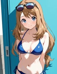 1girls aged_up ai_generated bikini blonde_hair blue_bikini blue_eyes blue_swimsuit brown_hair brush female female_only glasses_on_head long_hair medium_breasts pokemon pokemon_xy serena_(pokemon) smiling smiling_at_viewer sunglasses_on_head swimsuit white_skin