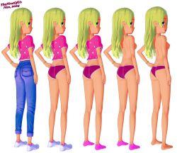 ass_facing_viewer barbie barbie_(copyright) barbie_dreamhouse_adventure barbie_roberts bare_arms bare_legs bare_shoulders bare_thighs barefoot blonde_hair blue_eyes bracelet breasts completely_nude completely_nude_female denim denim_bottomwear denim_clothing female fully_clothed_female highres jewelry legs long_hair looking_at_viewer mattel midriff_peek nude open_mouth panties pink_and_white_shirt presenting presenting_hindquarters thefirstofus topless topless_female underwear