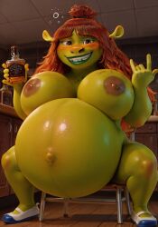 ai_generated alcohol alcoholic_drink beer_belly big_belly big_breasts bolt_on_tits drunk felicia_(shrek) huge_belly inflation liquid_inflation outie_navel ready_to_pop