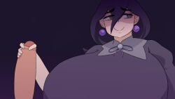 1girls armorv1 big_penis breasts cum cum_on_breasts cum_on_chest cum_on_clothes cum_on_upper_body cumshot ejaculation female_focus gigantic_breasts handjob hard_penis hex_maniac hex_maniac_(z-a) huge_breasts huge_cock long_hair lots_of_cum penis pokemon purple_background purple_eyes purple_hair spiral_eyes tagme video