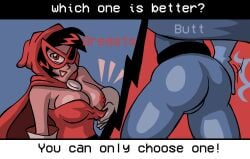 1girls 1woman ass ass_slap black_hair blue_background breasts cape choice curvy female female female_focus female_only gloves lipstick nipples not_ai_generated not_animated not_furry oc oc_character one_eye_visible original_character red_background red_cape showing_off_breasts slapping_butt slapping_own_ass smile text the_red_capeness tight_pants