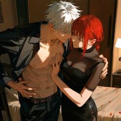 1boy 1girls ai_generated bedroom black_clothing black_dress chainsaw_man company_connection crossover crossover_pairing female gojo_satoru gojou_satoru hand_on_chest hand_on_pecs jujutsu_kaisen light-skinned_female light-skinned_male light_skin makima_(chainsaw_man) male male/female open_clothes open_shirt red_hair romantic satoru_gojo straight tight_clothing tight_dress undressing white_hair