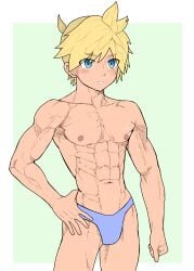 1boy abs bicep_curl blonde_hair blue_eyes blush kagamine_len lostanemone muscular_male pecs plain_background solo speedo stern_expression sweat veins veiny_muscles vocaloid