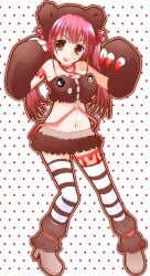 2000s 2000s_and_2010s_style :b :p bear_costume bear_ears belly_button big_breasts heterochromia hololive houshou_marine long_hair microskirt miniskirt navel red_eye red_hair thighhighs tongue tummy_bulge twintails yellow_eye