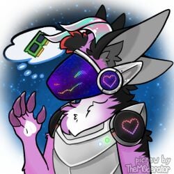 anthro claws grey_ears heart heart_symbol horns hybrid machine male male_focus male_only patterned_fur pink_fur pink_hair protogen protogen_armor protogen_visor ram self_upload smile smiling tagme them0derator_(artist) thought_bubble white_fur