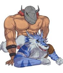 absurd_res anal anal_sex animal_humanoid anthro bandai_namco biceps bondage bondage bound canid canine digimon digimon_(species) digimon_adventure doggy_style duo feral from_behind_position genitals hi_res humanoid male male/male mammal muscular muscular_anthro muscular_male penetration penis scalie scalie_humanoid sex wargreymon weregarurumon zartty_art