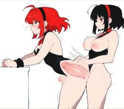 2futas ahe_gao ai_generated artist_request attribute_theft big_breasts big_penis black_hair breasts_out doggy_style futa_only futanari hairband leotard light-skinned_futanari light_skin lowres open_mouth penis_growth red_eyes red_hair short_hair side_view simple_background standing standing_doggy_style tagme tongue tongue_out white_background