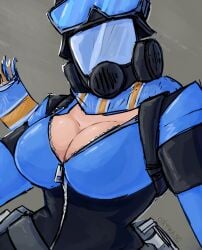 1girls belt big_breasts black_latex blue_latex bodysuit breasts busty cleavage clothed_female faceless female_only fempyro gas_mask goggles goggles_on_head latex latex_armwear latex_bodysuit looking_at_viewer mask oxtra pyro pyro_(team_fortress_2) scarf solo standing team_fortress_2 tight tight_clothing tight_fit tits_out valve voluptuous vyne_(vyne) zipper