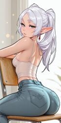 1girls ai_generated arched_back ass camisole casual crop_top denim earrings elf female frieren frieren_beyond_journey's_end green_eyes head_tilt indoors jeans long_hair looking_at_viewer looking_back molamaxuy pointy_ears rear_view round_ass sexy_pose sitting_on_chair skinny small_breasts solo sousou_no_frieren spread_legs suggestive tight_clothing twintails viewed_from_behind white_hair