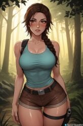 1female ai_generated big_breasts big_hips breasts brown_eyes brown_hair female front_view lara_croft lara_croft_(survivor) mature_female mature_woman pony_diffusion_xl secret_room12 shiny_skin stable_diffusion standing tomb_raider video_game video_game_character video_games