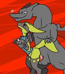 1boy 1girls ambiguous_penetration balls black_fur black_skin blue_fur canine charizard claws clothing deadxqueen dragon fangs female fur grabbing grin hi_res legwear looking_down looking_up lucario male mammal nintendo open_mouth penetration penis pokemon pokemon_(species) red_background red_eyes red_skin red_wings scalie sex shiny_pokémon smile spike_(disambiguation) stockings straight tail tail_grab teeth video_games western_dragon wings yellow_fur