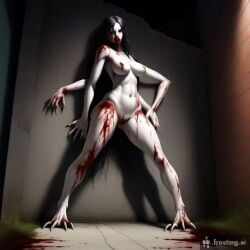 ai_generated alley alone big_breasts black_hair blood female horror monster night no_face nude taller_girl white_body wide_hips