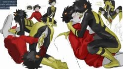 69 asshole_peek bodysuit covered_eyes elebug_(artist) genital_fluids grey_skin homestuck homestuck_troll kankri_vantas kissing mituna_captor red_penis red_sweater stomach_bulge tentabulge tentacle tentacle_on_male white_sclera yellow_penis