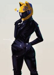 artist_name ass black_bodysuit black_gloves blue_trim bodysuit breasts cat_ear_helmet catsuit celty_sturluson commentary cowboy_shot crowsputin durarara!! english_commentary female finger_to_mouth from_behind gloves grey_background hand_on_own_hip hand_up heart helmet highres index_finger_raised medium_breasts motorcycle_helmet shiny_clothes signature simple_background solo standing twitter_username yellow_helmet