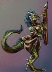 argonian bethesda_softworks breasts brewbraid claws clothed clothing digitigrade dress feather_hair female horn lifts-her-tail melee_weapon morrowind polearm polishing pussy raised_skirt reptile scalie solo spear the_elder_scrolls tongue video_games weapon