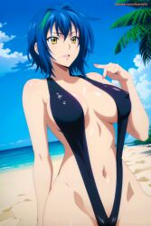 1girls ai_generated aikenoart beach beach_background black_swimsuit blue_hair clothing demon demon_girl female female_only hi_res high_school_dxd huge_breasts looking_at_viewer looking_down short_hair solo swimsuit voluptuous xenovia_quarta yellow_eyes