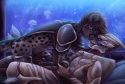 alien anthro belo4ka blue_eyes cheetah detailed_background duo feline fur male mammal mass_effect penis spots spotted_fur turian video_games yaoi